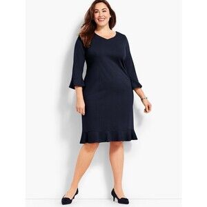Festive Talbots Flounce Refined Ponte Sheath Dress Sz 18P Navy Blue Bell Sleeves